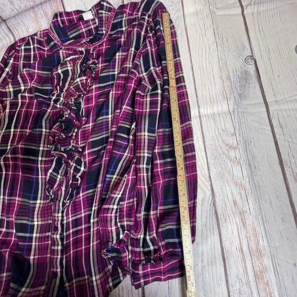 Chico's Women's Plaid  Flannel Top Size 4‎ (20/22) Ruffled Velvet Trim Collar - Picture 15 of 16